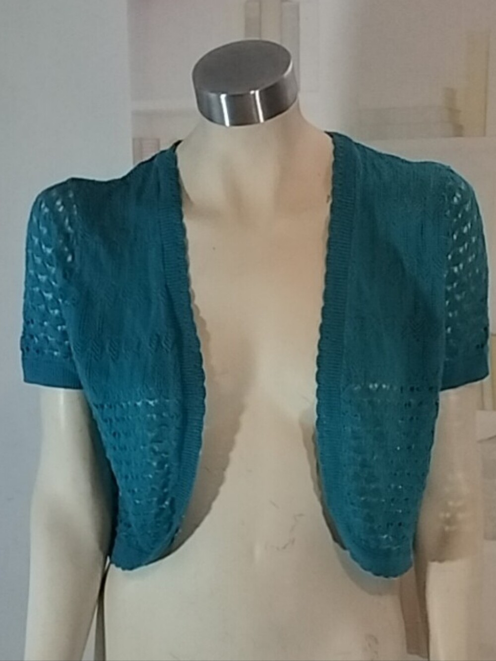 Open-Front Teal Short-Sleeve Knit Bolero Cardigan